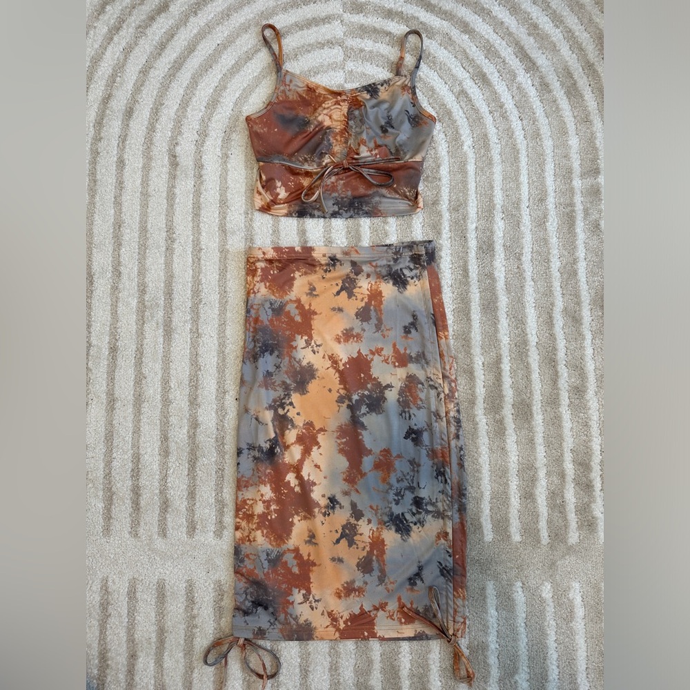 SHEIN Tan and blue tie-dye co-ord skirt set